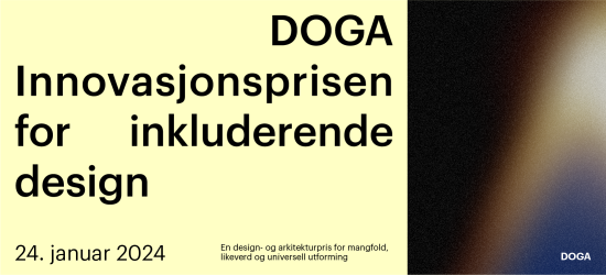 Banner for arrangement med teksten "Innovasjonsprisen for inkluderende design. 24. januar. En design- og arkitekturpris for mangfold, likeverd og universell utforming."