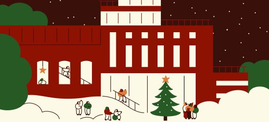 Illustrasjon av DOGA-huset med juletre foran og stjerner på hilmmelen.