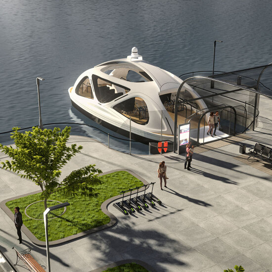 Bildet er dataanimert og viser en selvkjørende ferge fra Zeabuz som har lagt til kai.