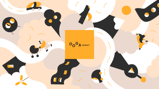Illustrasjon for DOGA-merket for design og arkitektur med logo i midten