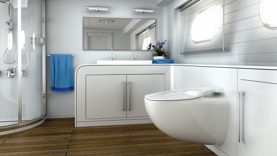 Bildet viser et bad med vakuumtoalettet Jets Pearl. Det var med i kåringen Design i 100.