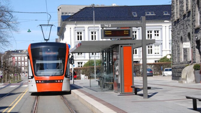 The tram at a station in sunny Bergen weather