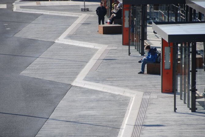 Tram station with the clear tactile work