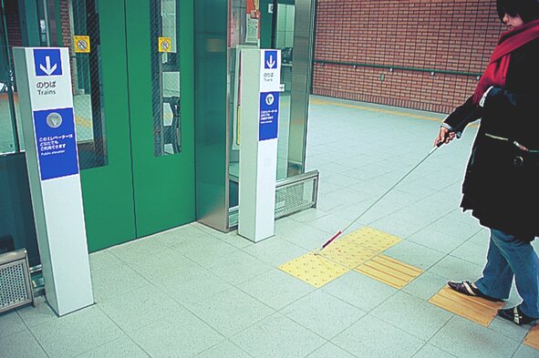 This shows the tactile markings leading to the elevator