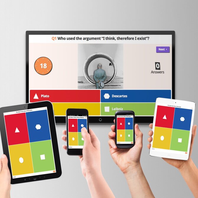 Kahoot! interface on tv, smartphone and tablet.