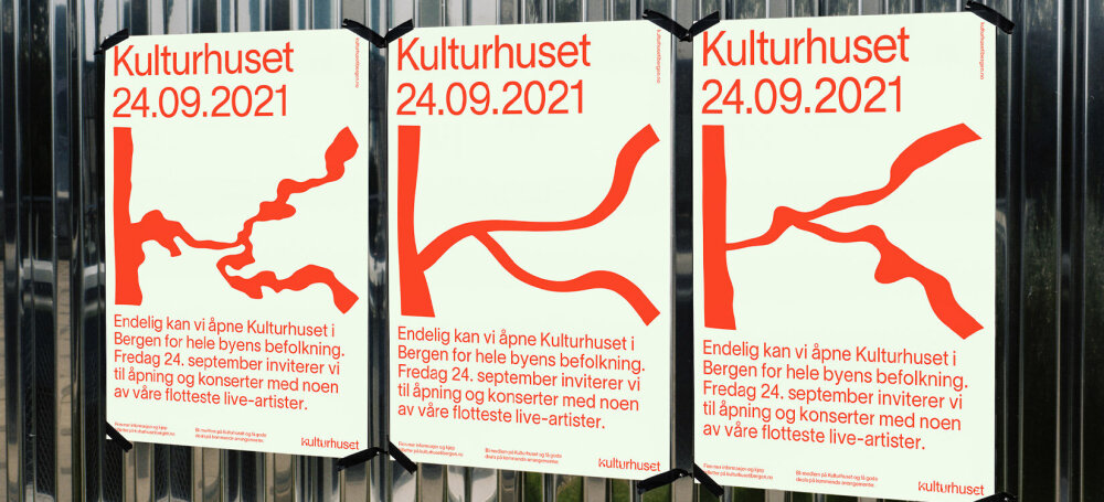 Tre plakater for Kulturhuset i Bergen som henger på en vegg.