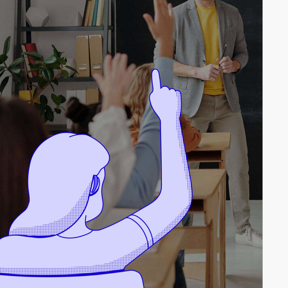 Illustrasjon av ei jente med høreapparat som rekker opp hånden i en skoleklasse.