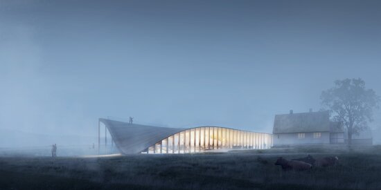 Datailliustrasjon av Reiulf Ramstads besøkssenter i Mjols Bjerge, Danmark. Bildet forestiller bygningen i skumring.