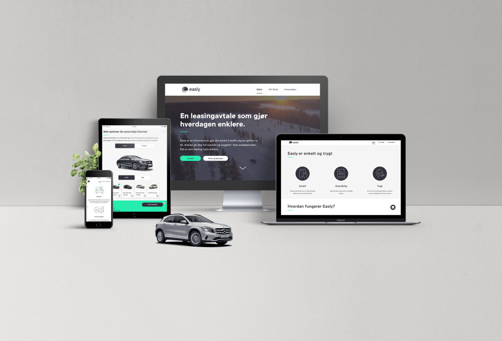 Montasje: Smarttelefon, nettbrett, og to datamaskiner med applikasjon. Bil montert i forgrunnen.