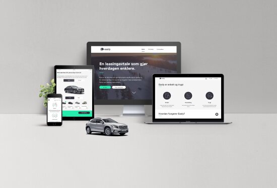 Montasje: Smarttelefon, nettbrett, og to datamaskiner med applikasjon. Bil montert i forgrunnen.