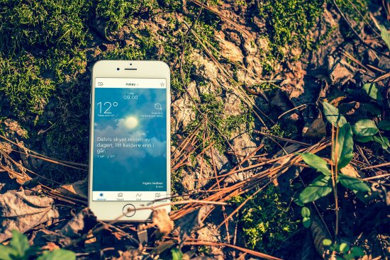 Skjermbilde av Yr-app på smarttelefon liggende i naturen.
