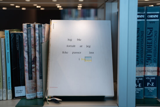 Bok stående i bokhylle, forsiden ut. Foto