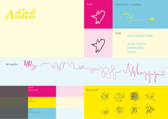Skjermbilde med ruter av rosa, turkise og gule fargeblokker, med typografi og tegnede streker.