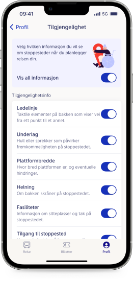 Smarttelefon viser Ruter-appens nye tilgjengelighetsfunksjoner. Skjermbilde