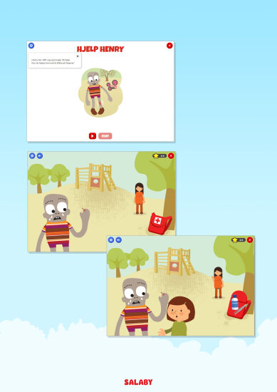 Tre bilder som viser en tegnet gutt som får hjelp fra en jente. Skjermbilde