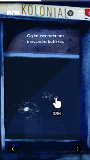 Skjermbilde av et butikkvindu som man kan knuse med musepekeren. Illustrasjon