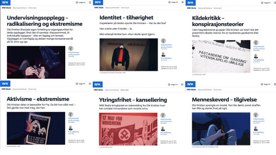 6 skjermdump fra NRK Skole om undervisningsopplegget Smellet.