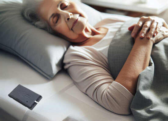 En eldre dame ligger og sover med en sensor ved siden av hodeputa.