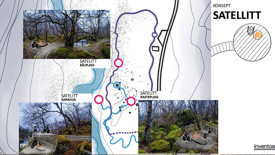 Skisse fra idéer til konseptet «Satelitt» som lager mål for turen tett på naturen også for de som bruker rullestol. Illustrasjon: Gregoire Bonnemaire/Inventas, Foto: Svein Roger Ivarsen/Ny Sti.