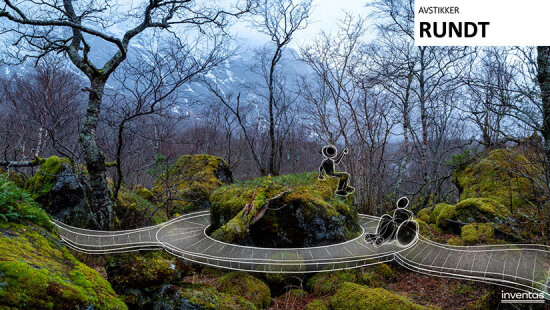 Skisse fra idé til konseptet «Avstikker» som gjør stien mer utforskende også for de som bruker rullestol. Foto: Svein Roger Ivarsen/Ny Sti.Illustrasjon: Gregoire Bonnemaire/Inventas.