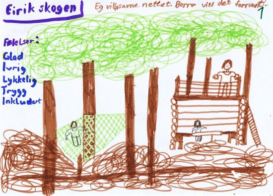 Barnetegning av en trehytte i skogen med flere barn.
