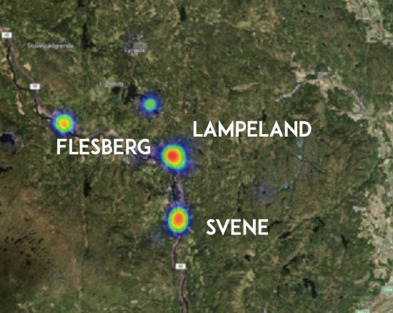 Heatmap på et kartbilde hvor stedene Flesberg, Lampeland og Svene er markert.