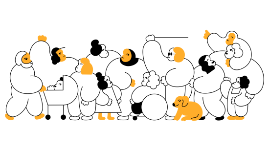 Illustrasjon av tretter personer og en hund som et symbol på mangfold.