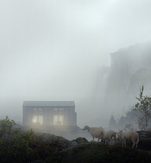Illustrasjon av en moderne trehytte, inspirert av tradisjonelle hytter. Den ligger innunder en fjellside, i forgrunnen beiter noen sauer.