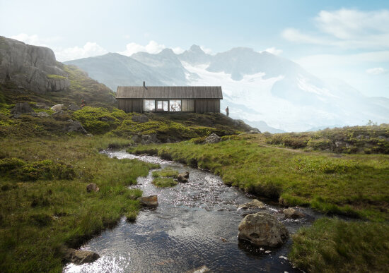 Illustrasjon av en moderne hytte i norsk fjellandskap, med grøntområder og en elv foran og høye fjell med en isbre i det fjerne bak.