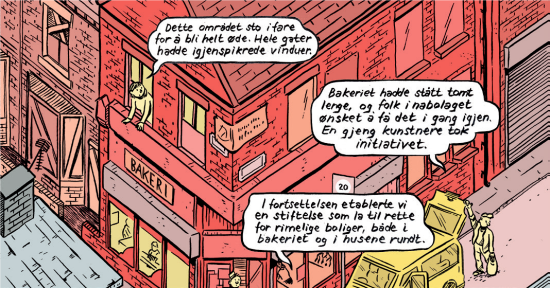 To tegneseriefigurer snakker med hverandre om tomme lokaler i bygget